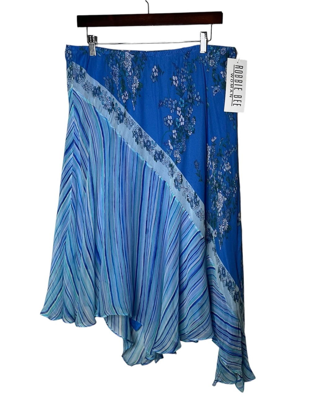 NEW Blue Floral Stripe Mixed Print 100% Silk Asymmetrical Bias Cut Skirt Fairy
